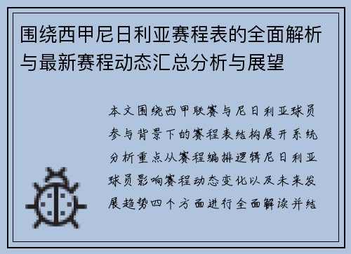 围绕西甲尼日利亚赛程表的全面解析与最新赛程动态汇总分析与展望